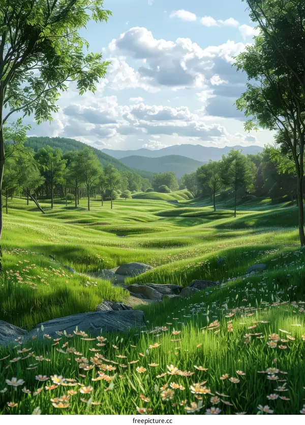 Rolling Green Hills with Stream