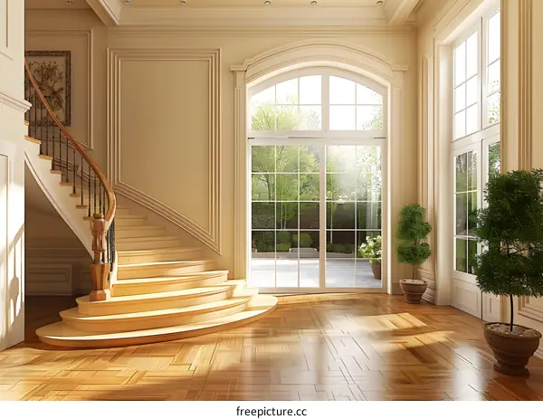 European style house interior with curved staircase and large windows