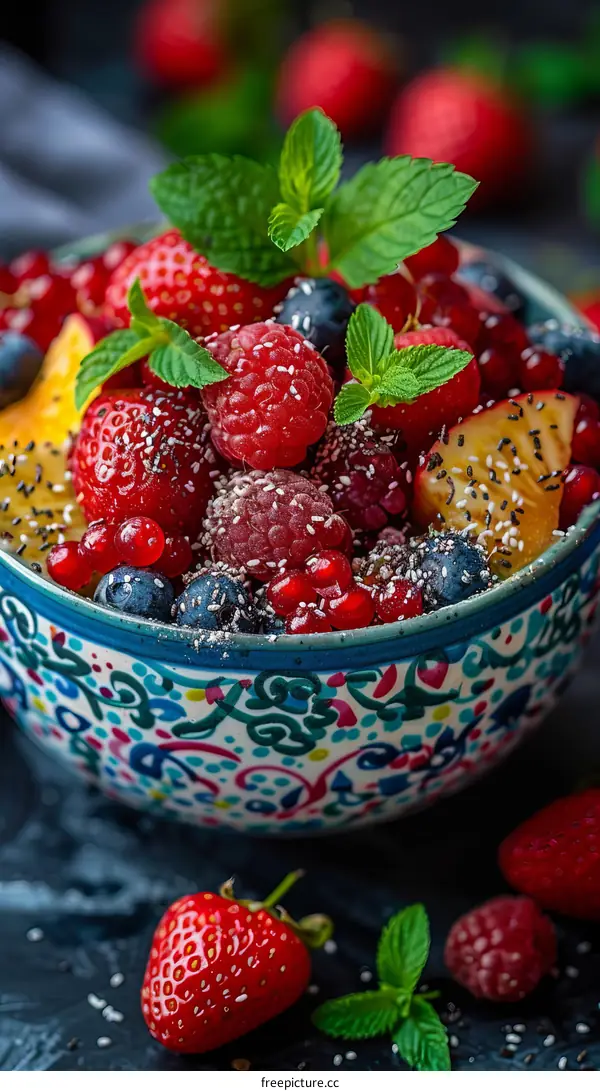 Fresh Berry and Fruit Bowl with Chia Seeds and Mint