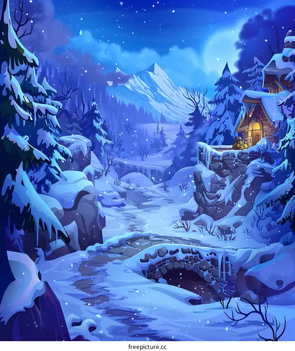 Snowy Landscape With Stone Bridge and Cabin