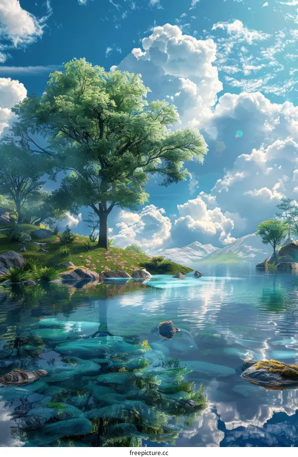 Serene Lakeside Landscape with Majestic Trees and Clouds