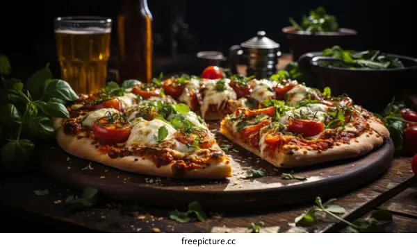 Delicious Pizza with Tomatoes, Basil, and Mozzarella Cheese