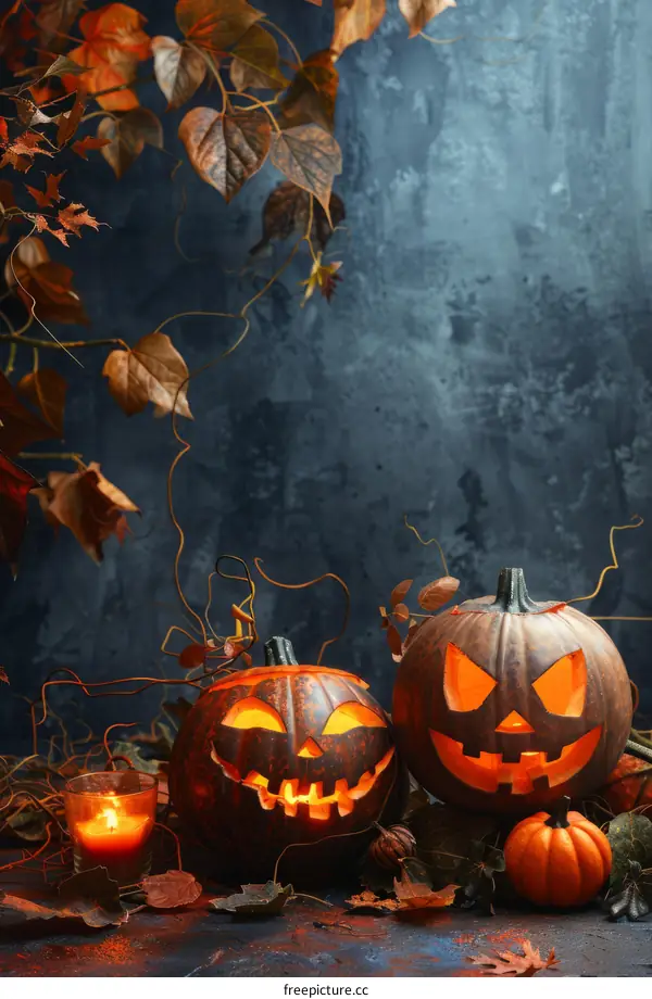 Two Halloween Pumpkins with Scary Faces and a Candle on a Table