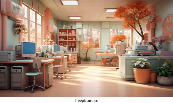 A Colorful Modern Office Space with Computers and Plants