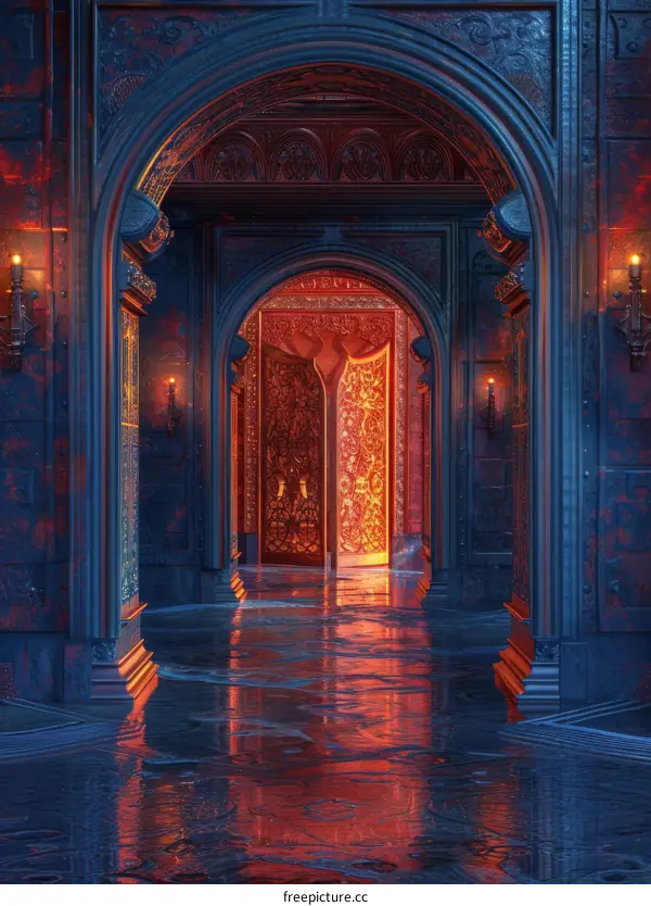 Mystical Red Glowing Door in Dark Fantasy Corridor