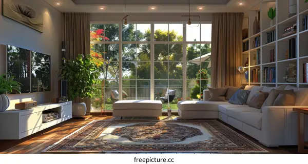 Minimalist Living Room with Sofa, Carpet, TV, Balcony, and Floor-to-Ceiling Window