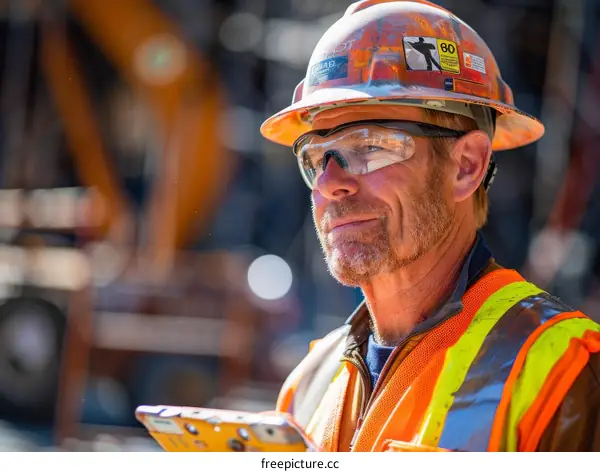 Construction Worker Wearing Hard Hat and Safety Glasses