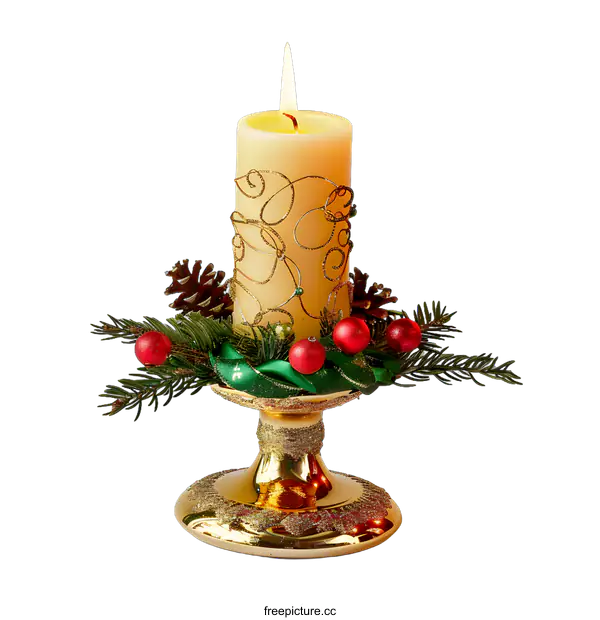 [Transparent Background PNG]Golden Christmas Candle Holder With Red Ornaments