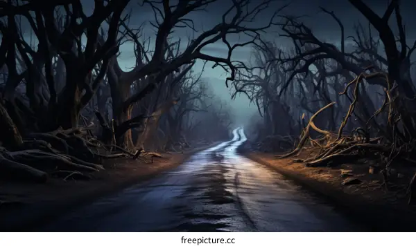 Road through a dark and creepy forest