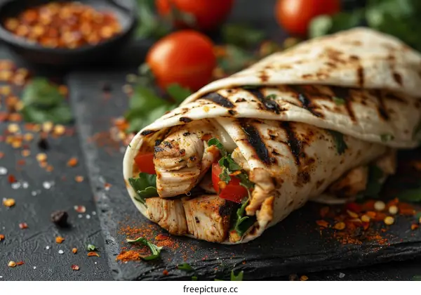 Chicken shawarma wrap with fresh vegetables and spices