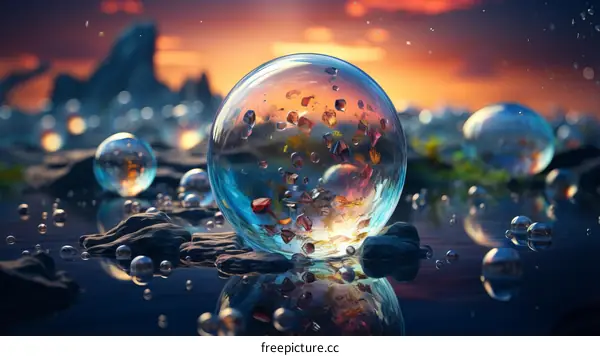 Mesmerizing Surreal Landscape with Floating Crystal Ball over Colorful Rocks and Water