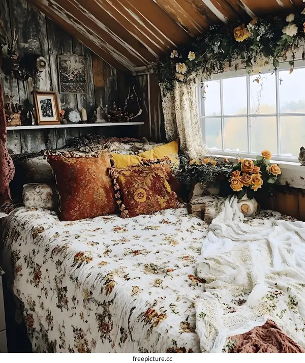 Rustic Bedroom with Floral Bedding and Window View