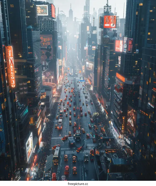 futuristic city street with skyscrapers and traffic