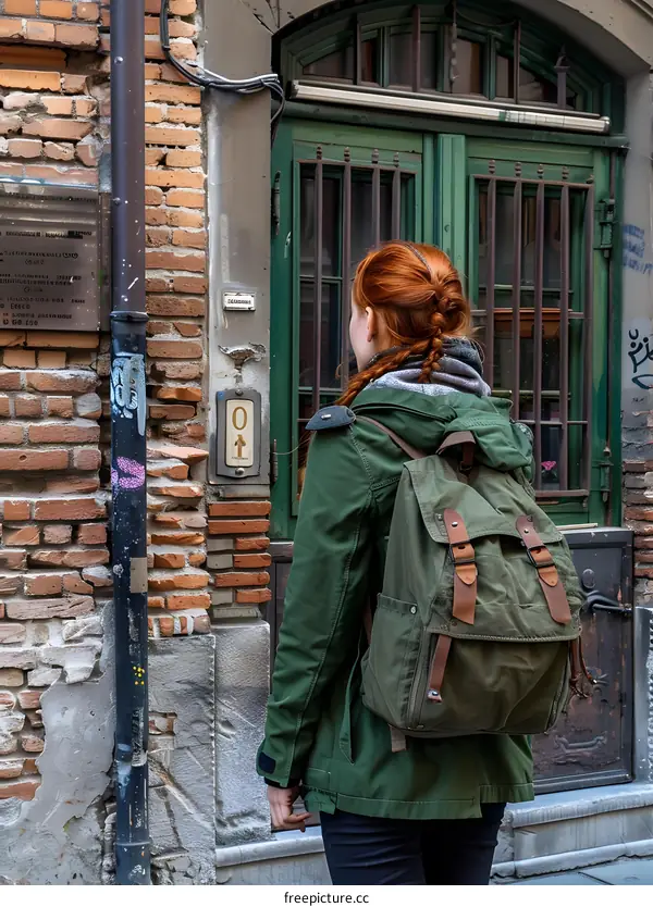 Woman with Red Hair and Backpack Standing in Front of a Green Door in a European City