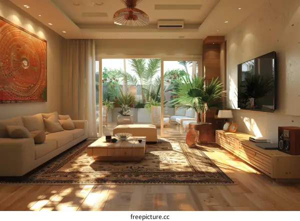 Modern Living Room with Palm Tree Views