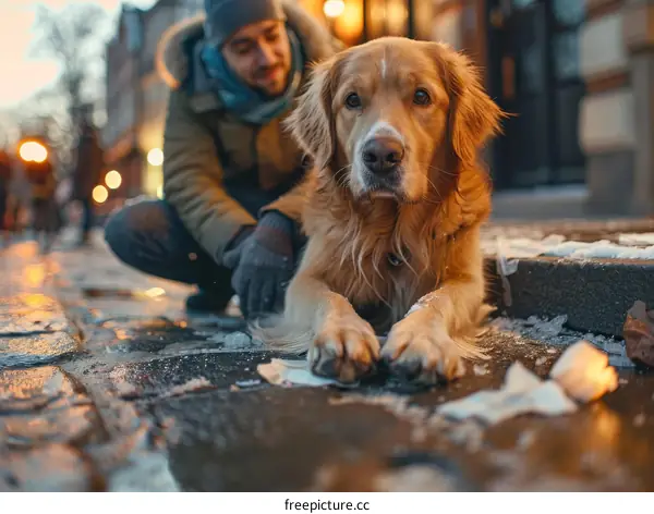 Man with a dog on the snowy street