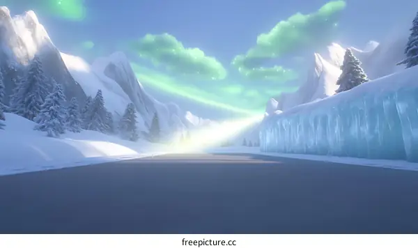 Winter Landscape with Ice Wall and Aurora Borealis