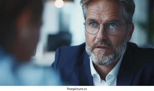 Headshot of a man in a suit and glasses looking at another person