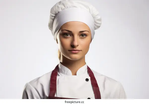 portrait of a young female chef wearing a white toque and apron
