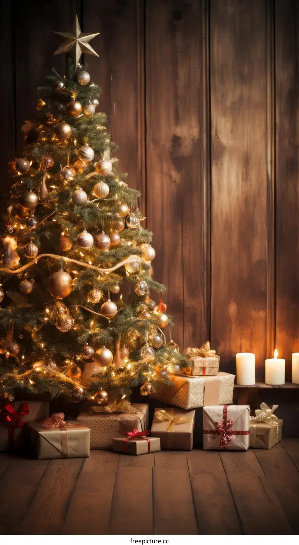A beautifully decorated Christmas tree with presents underneath it