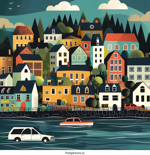 Colorful Cityscape with Houses, Boats, and Water