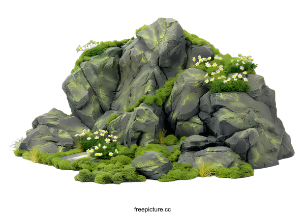 [Transparent Background PNG]Green Moss Covered Rock Formation