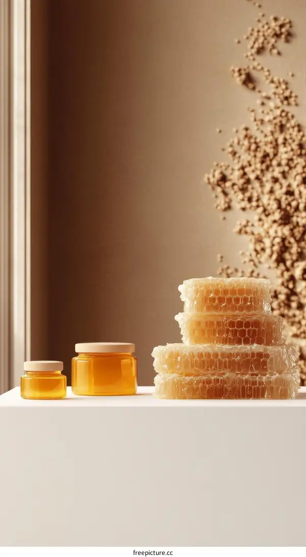 Honeycomb and Honey Jars on White Display