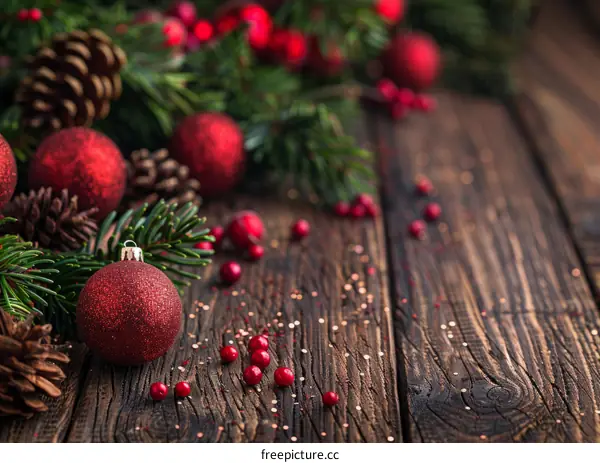 Red and Green Christmas Ornaments on Rustic Wood