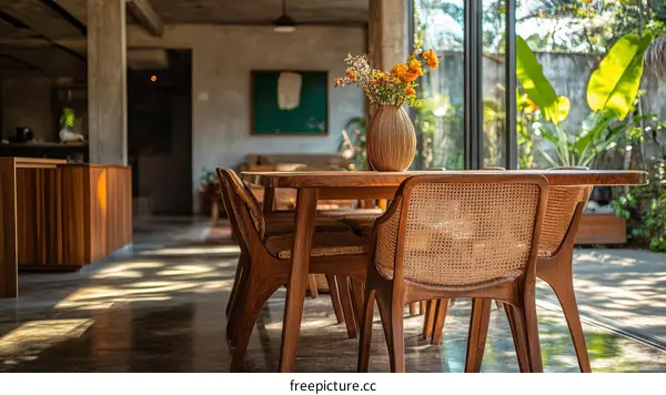 Wooden Dining Room with Cane Chairs and Sunlight