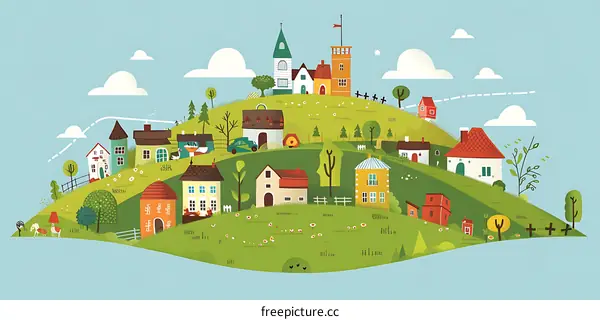 Colorful Illustration of a Small Village on a Hill