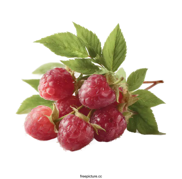 [Transparent Background PNG]Fresh Raspberries with Green Leaves