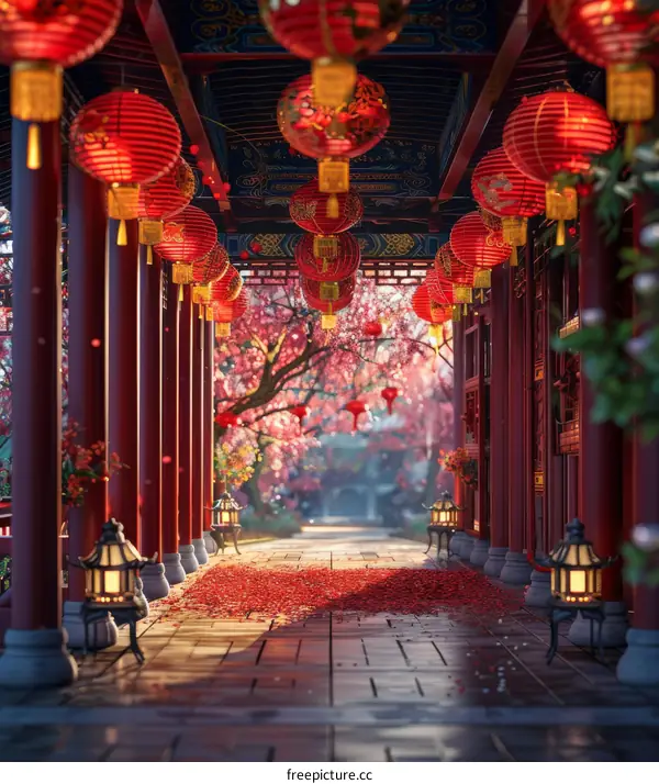 Picturesque Chinese Courtyard with Vibrant Cherry Blossoms and Red Lanterns