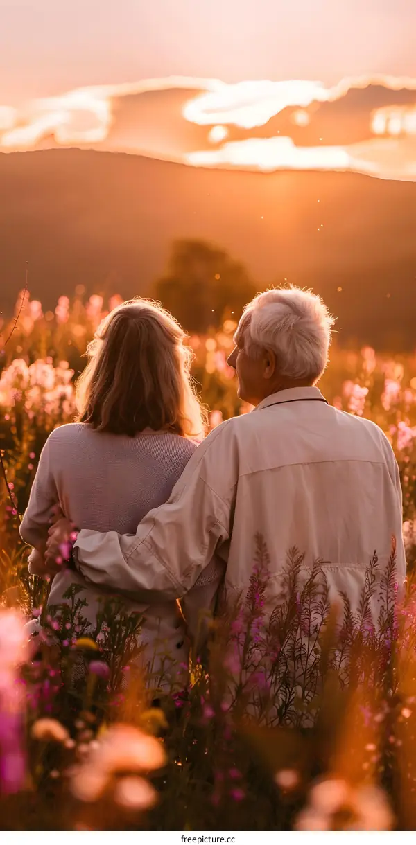 Couple Hugging Each Other In Field Of Flowers At Sunset