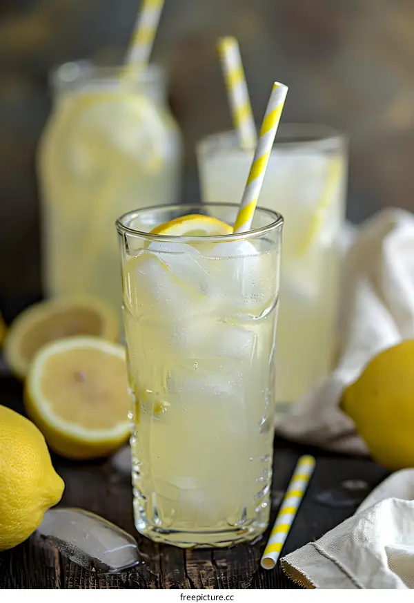 Glass of Lemonade with Lemon Slices and Ice Cubes