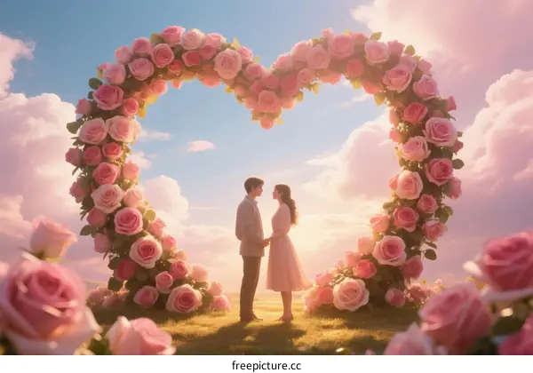 A Romantic Couple Standing Under a Heart-Shaped Flower Arch