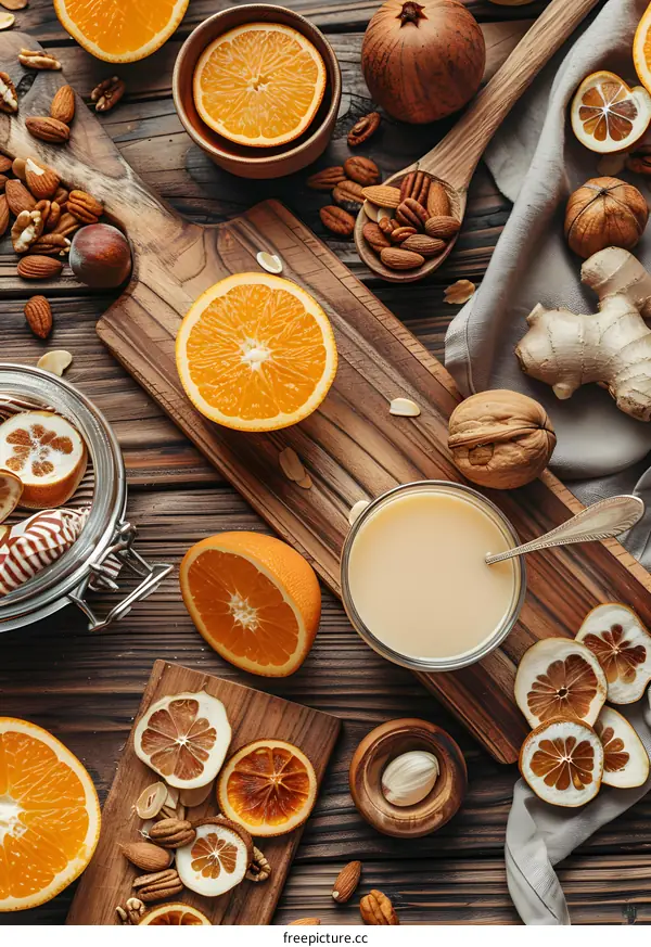 Closeup Food Photography of Orange Slices, Nuts, and Almond Milk