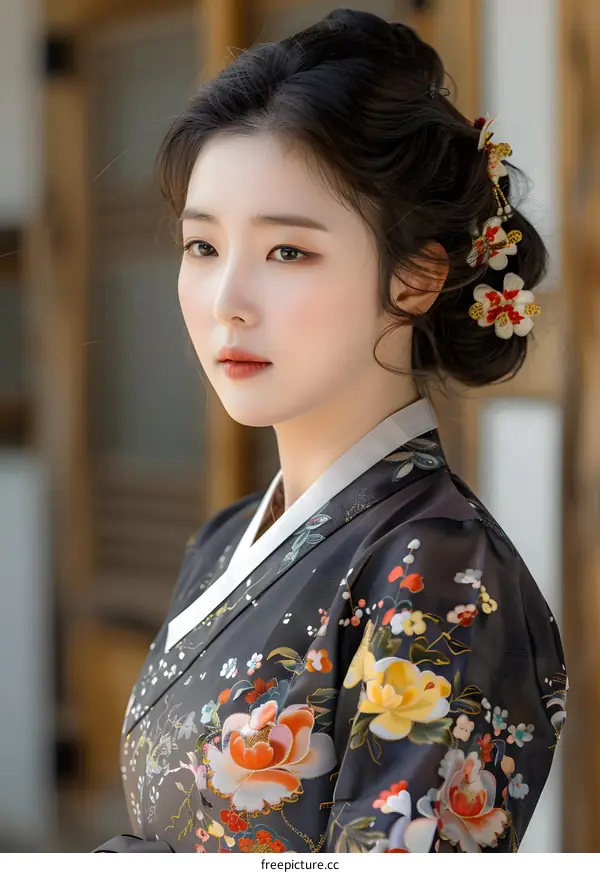 Portrait of a young Korean woman in traditional Korean dress, or Hanbok