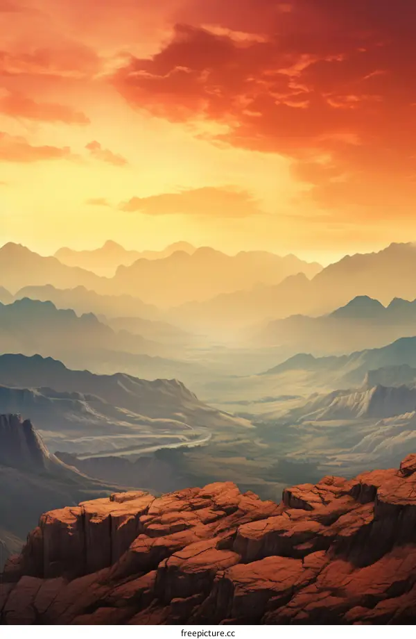 Breathtaking Sunset Over Mountain Range and Canyon