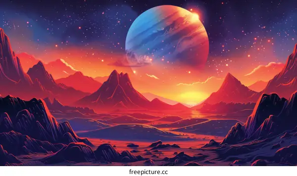 Mesmerizing Alien Planet Landscape with Towering Peaks and an Azure Moon