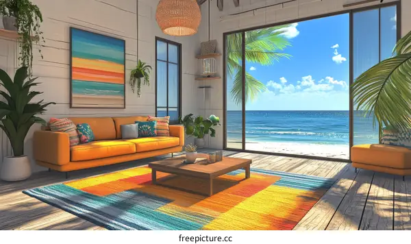 Coastal Living Room Illustration with Ocean View