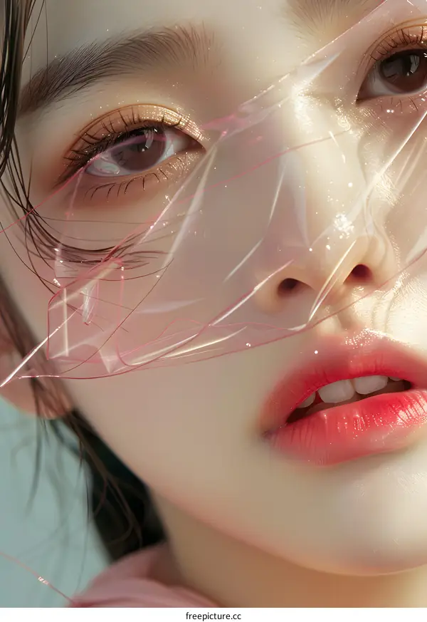 Close-up portrait of a young woman with wet hair and a pink transparent plastic sheet over her face