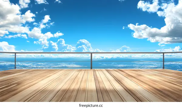 Wooden Deck Balcony With View Of Blue Sky And Clouds