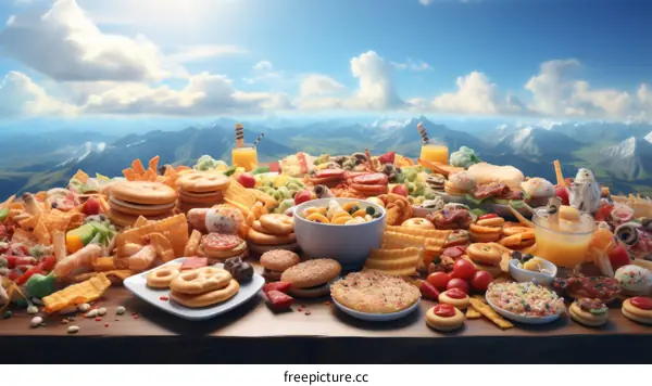 A table laden with food, set against a mountainous backdrop