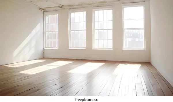 Empty White Room With Wooden Floor and Sunlight