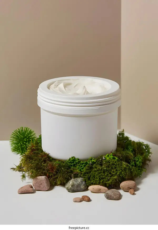 White Cream Jar With Green Moss And Stones On A White Background
