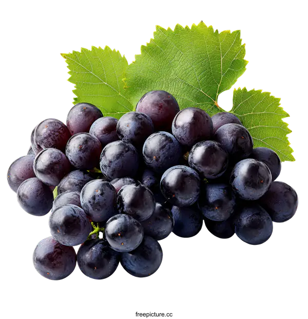 [Transparent Background PNG]Fresh Dark Purple Grapes with Green Leaves