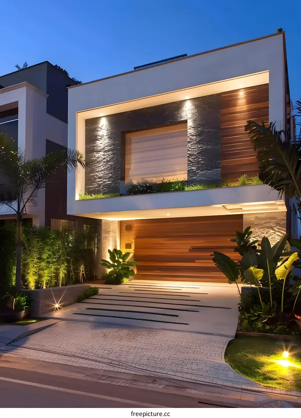 Modern House with Stone and Wood Facade