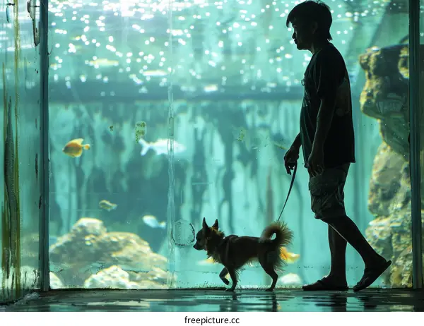 A man and his dog walk past an aquarium