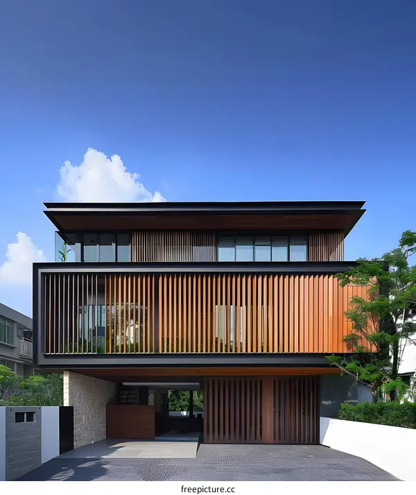 Modern House with Wooden Facade and Open Garage