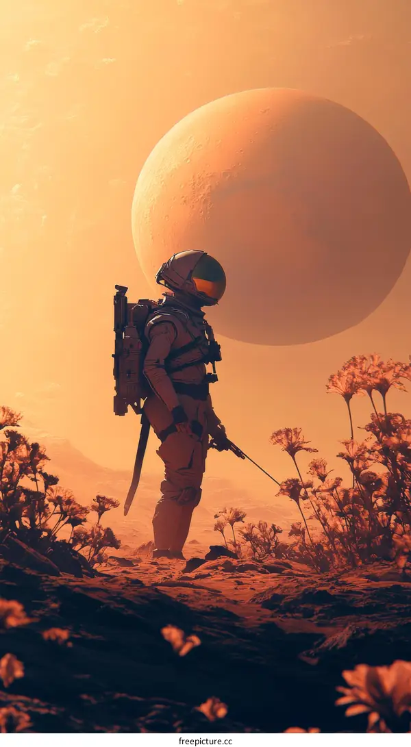 Astronaut on a Martian Landscape with a Large Planet